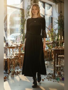 Vtg 90s Y2K NY&CO Black Velvet A-Line Maxi Skirt Medium Whimsigoth Witchy Grunge